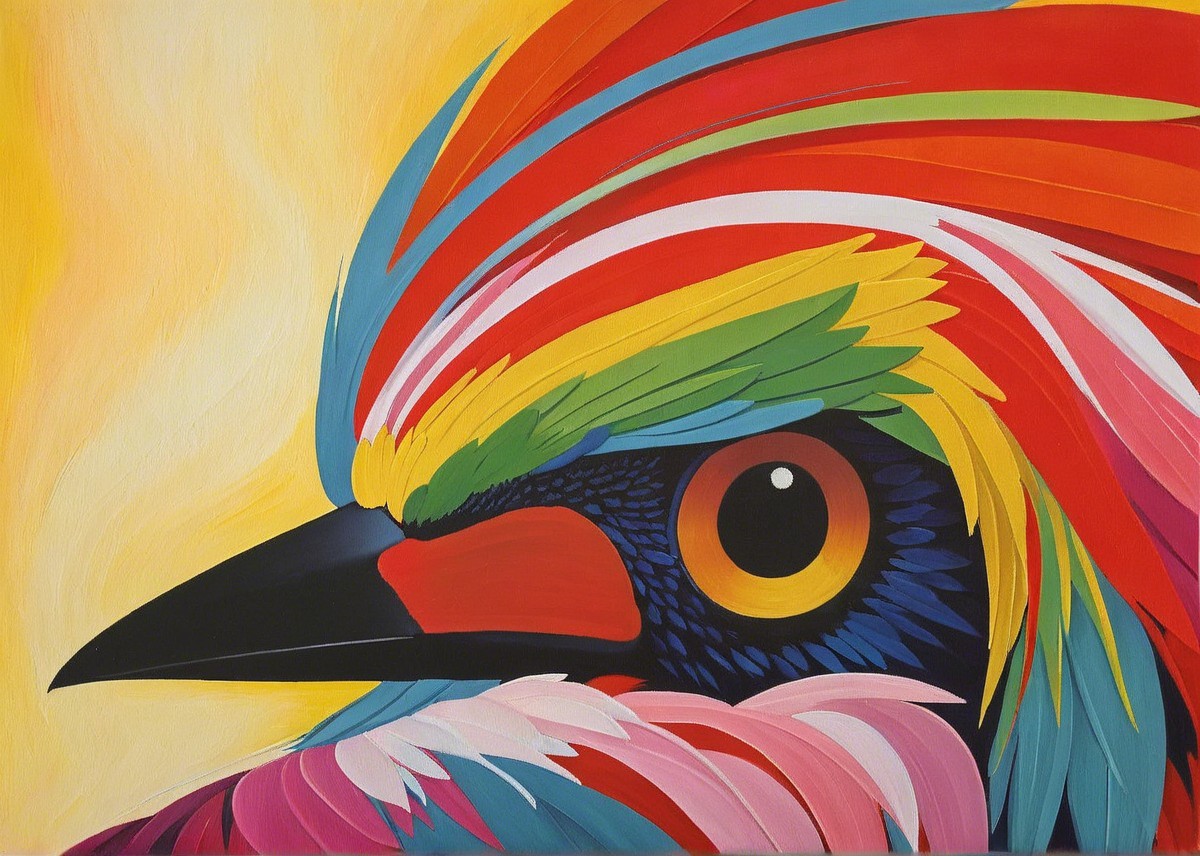 Close-up of a colorful stylized bird with vibrant feathers