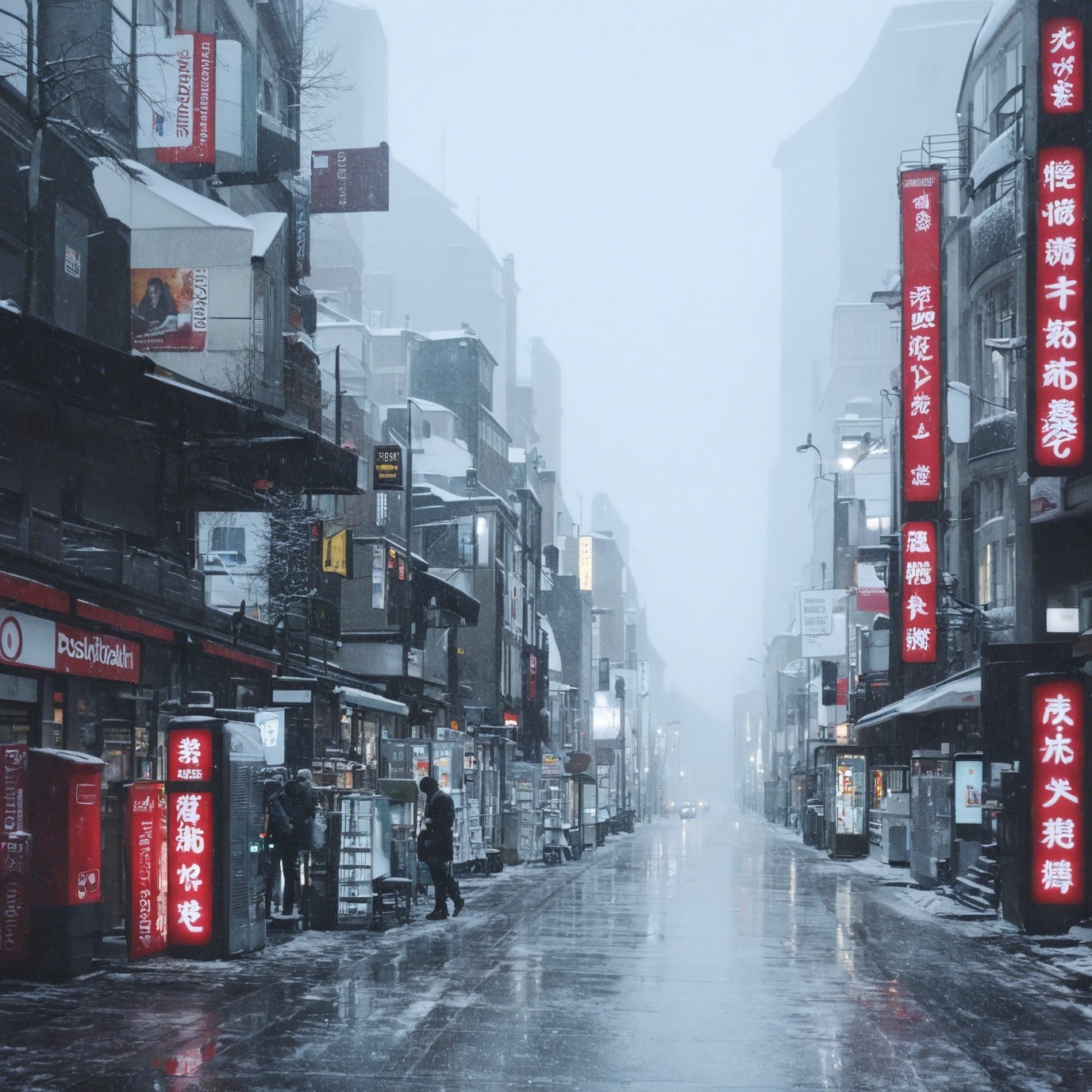 Snow-Covered Street in an Asian City at Night