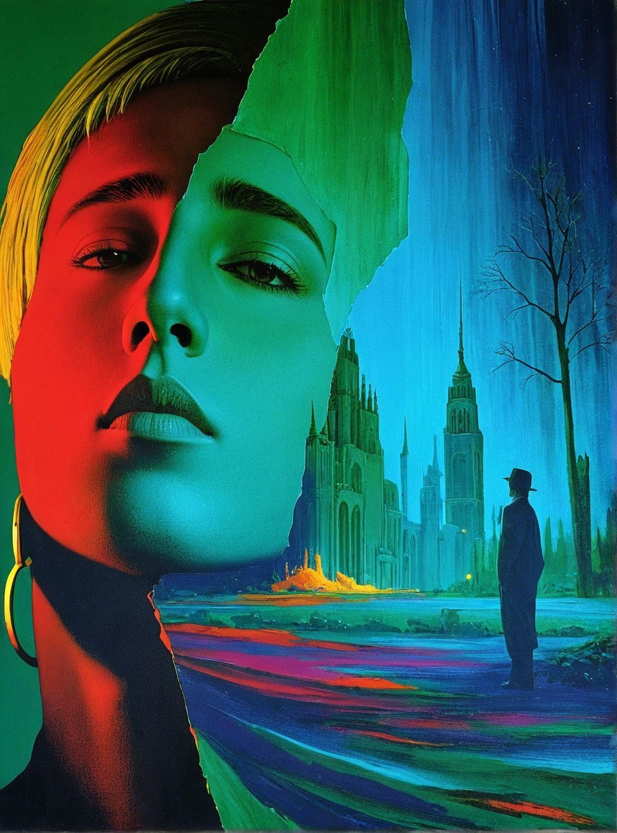 Vibrant Split Design of Woman's Face with Surreal Landscape