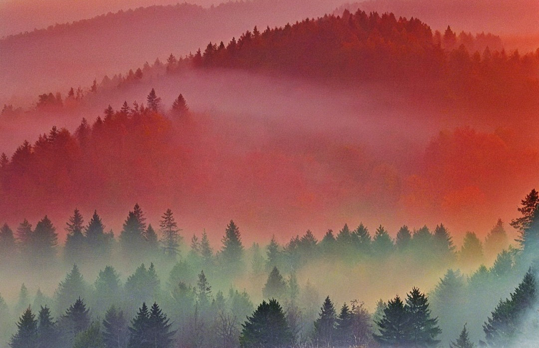 Autumn Landscape with Rolling Hills and Misty Foliage