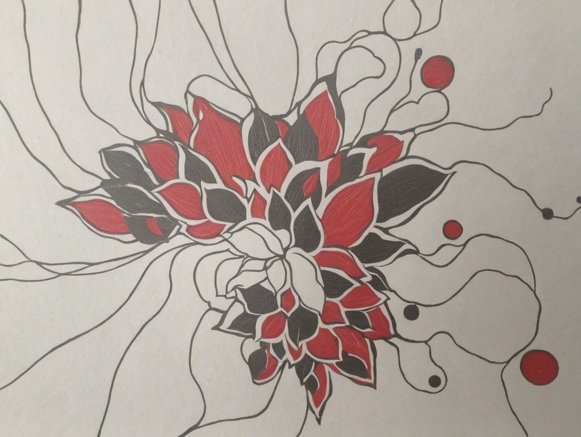 Intricate Floral Design in Red and Black Hues