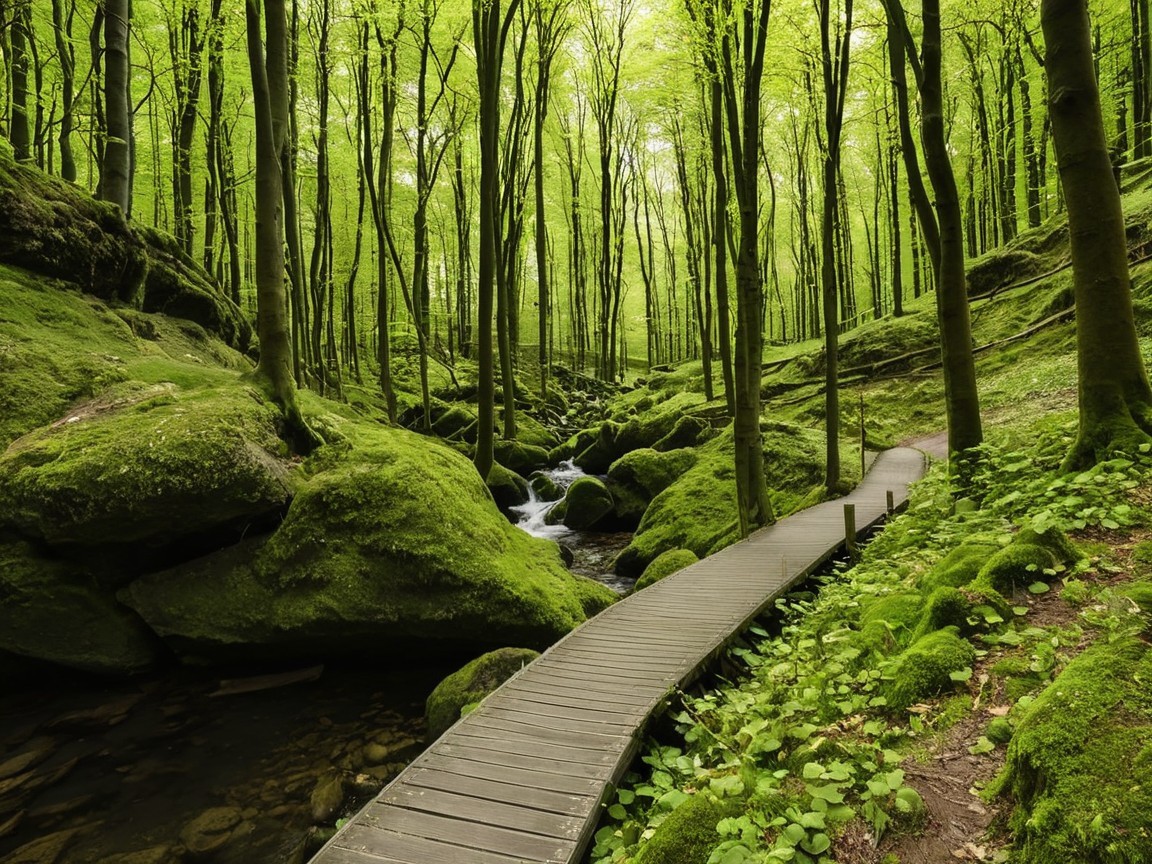 Serene Forest Scene with Lush Trees and Stream