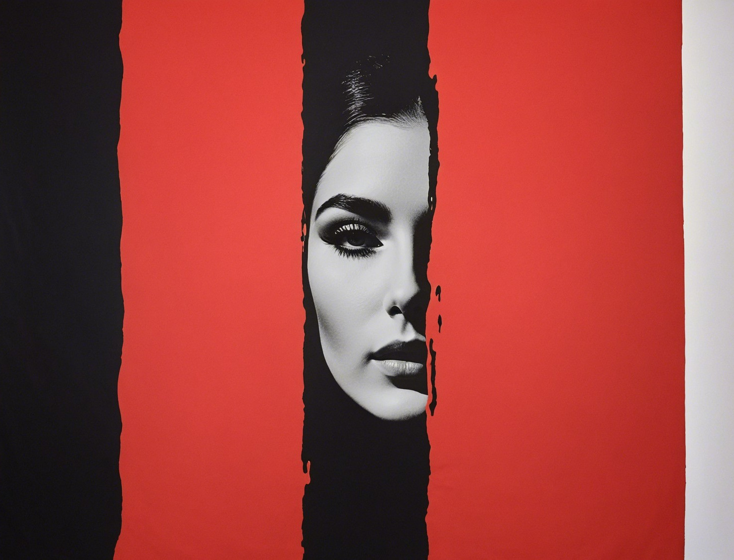 Artwork of a woman's face with bold stripes and contrast