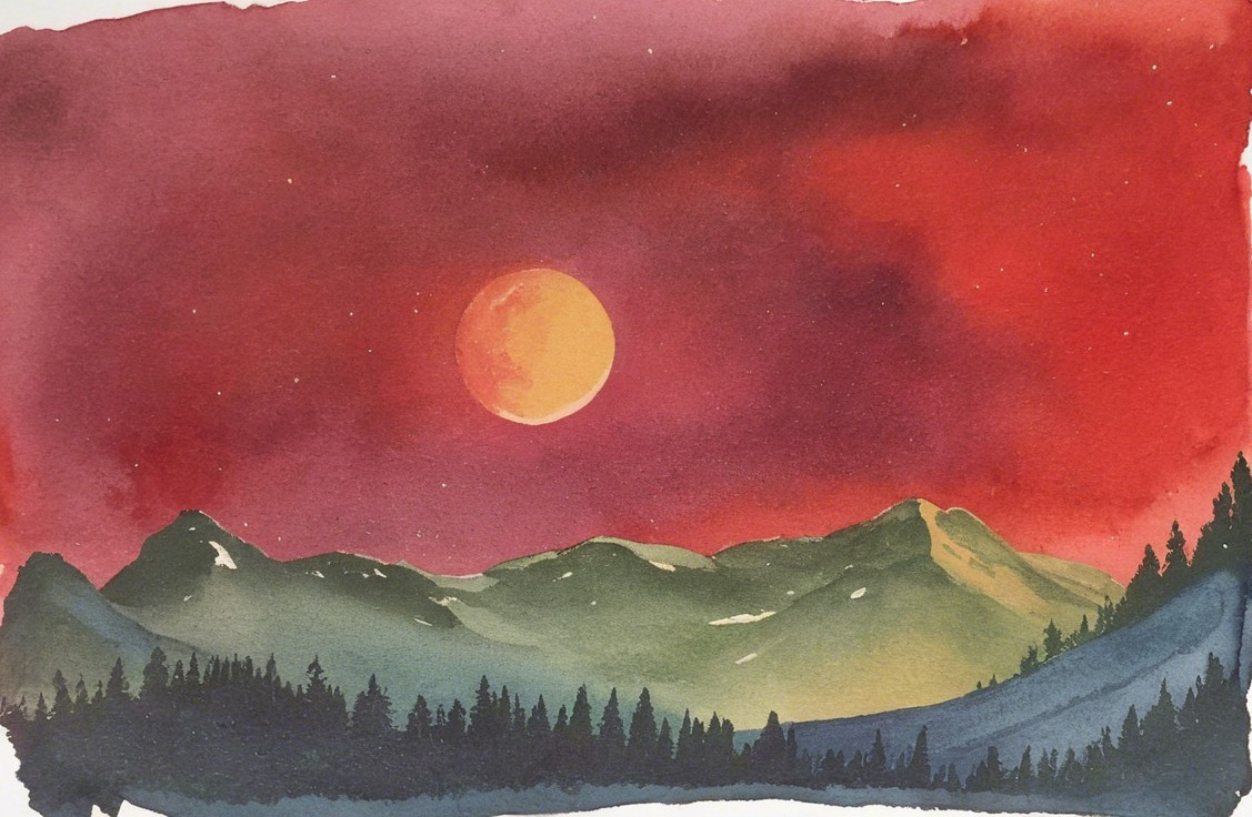 Twilight Watercolor Landscape with Moon and Mountains