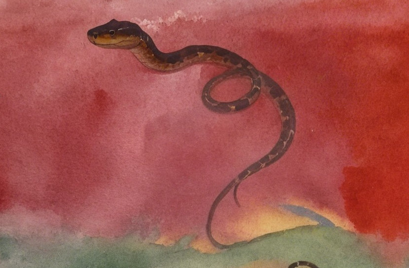 Coiled Snake on Vibrant Watercolor Background