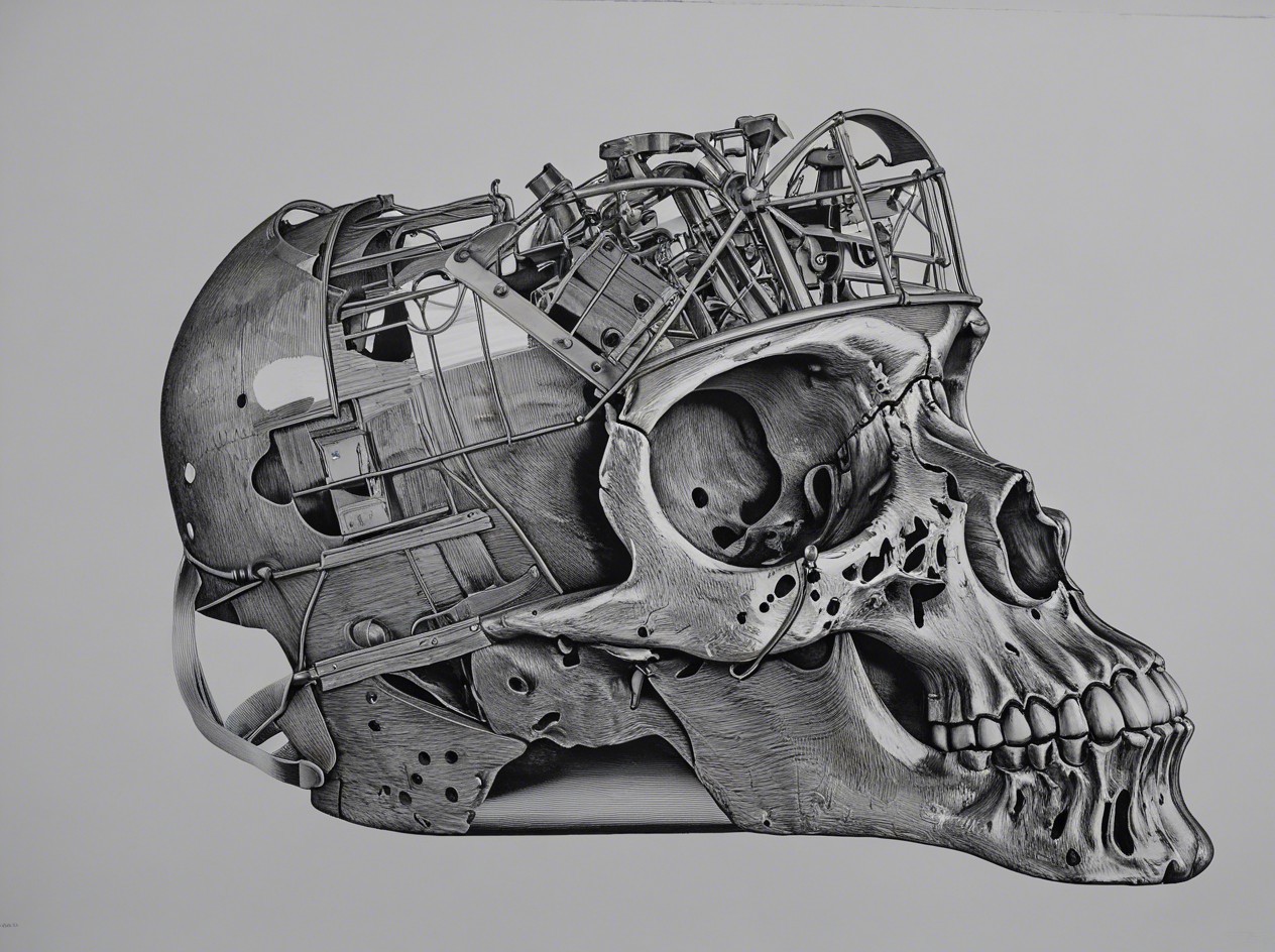 Pencil Drawing of a Stylized Anatomical Skull with Gears