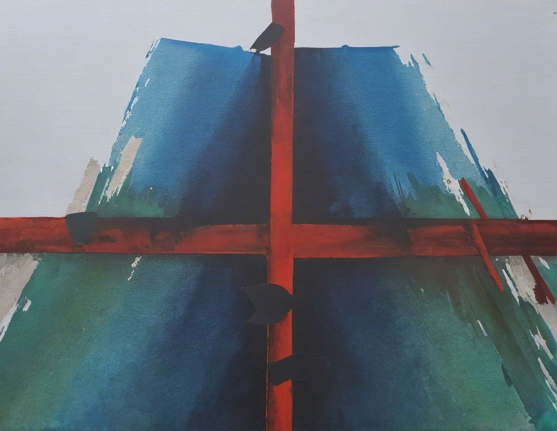 Bold Artwork with Red Cross and Vibrant Colors