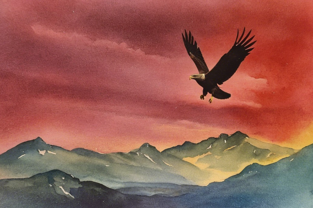 Eagle Soaring in Vibrant Sunset Over Mountain Range