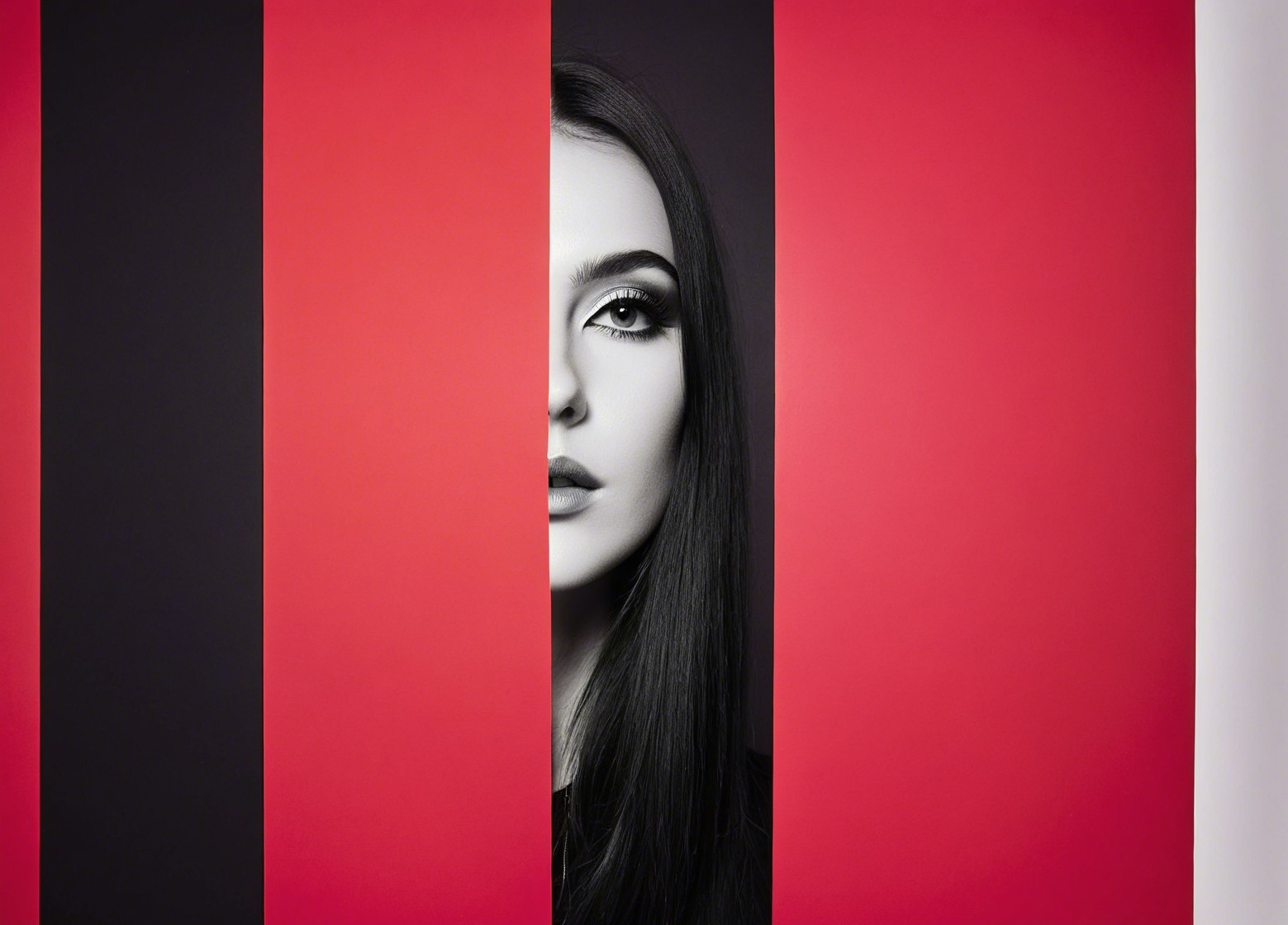 Close-up of a woman's face with bold color strips