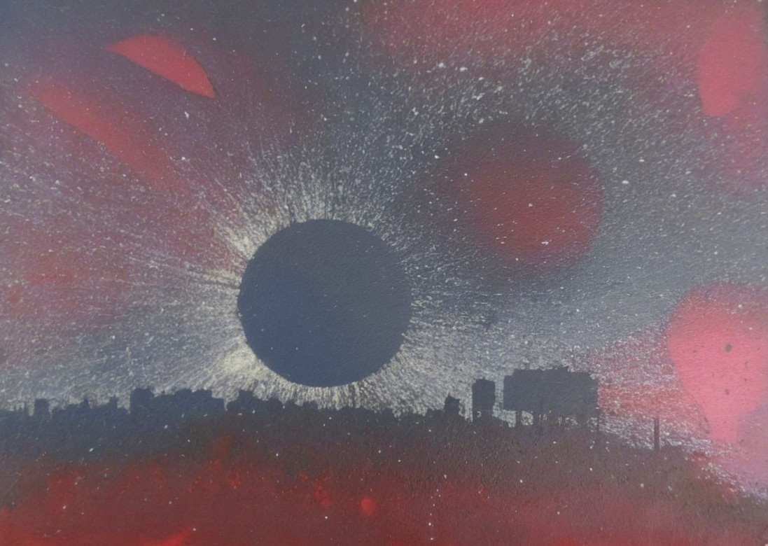Celestial Artwork with Eclipsed Sun and Silhouetted Buildings