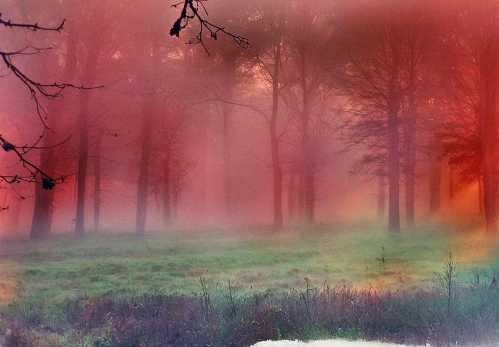 Mysterious Forest Scene with Swirling Mist and Light