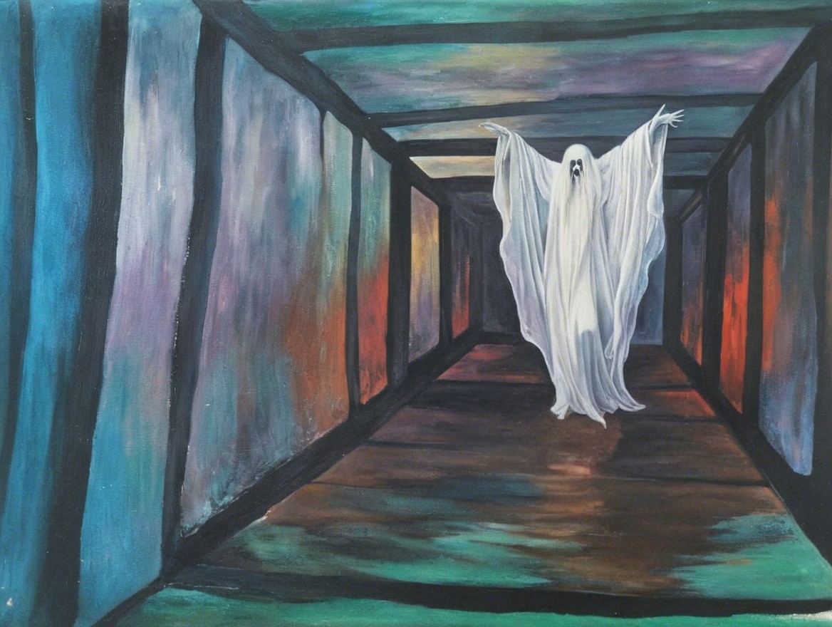 Ghostly Figure in Dim Corridor with Abstract Colors