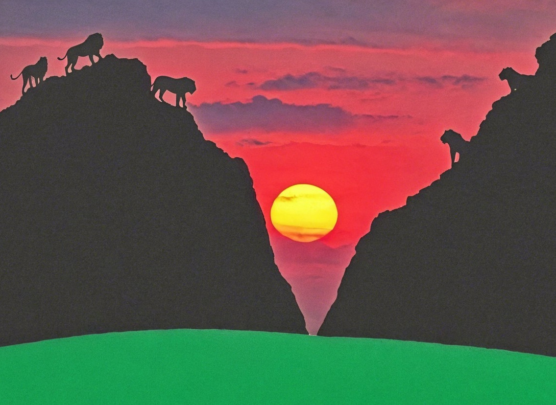 Lions Silhouetted at Sunset on Rocky Cliffs