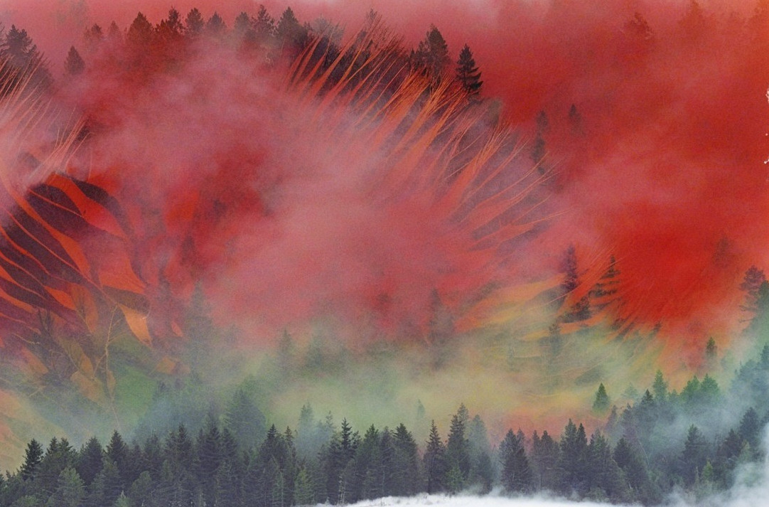 Vibrant Colors and Fog in a Mystical Forest Scene