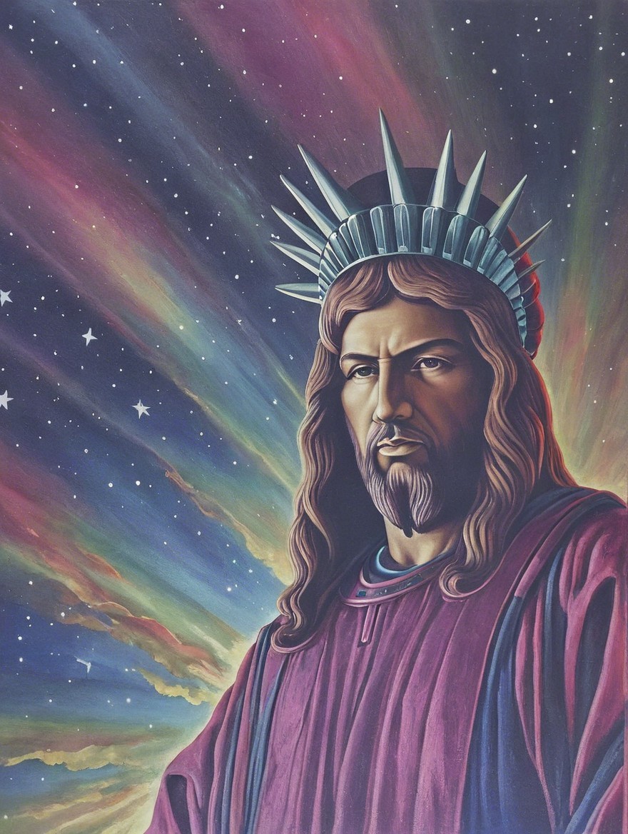 Regal Figure in Purple Robe Against Cosmic Background