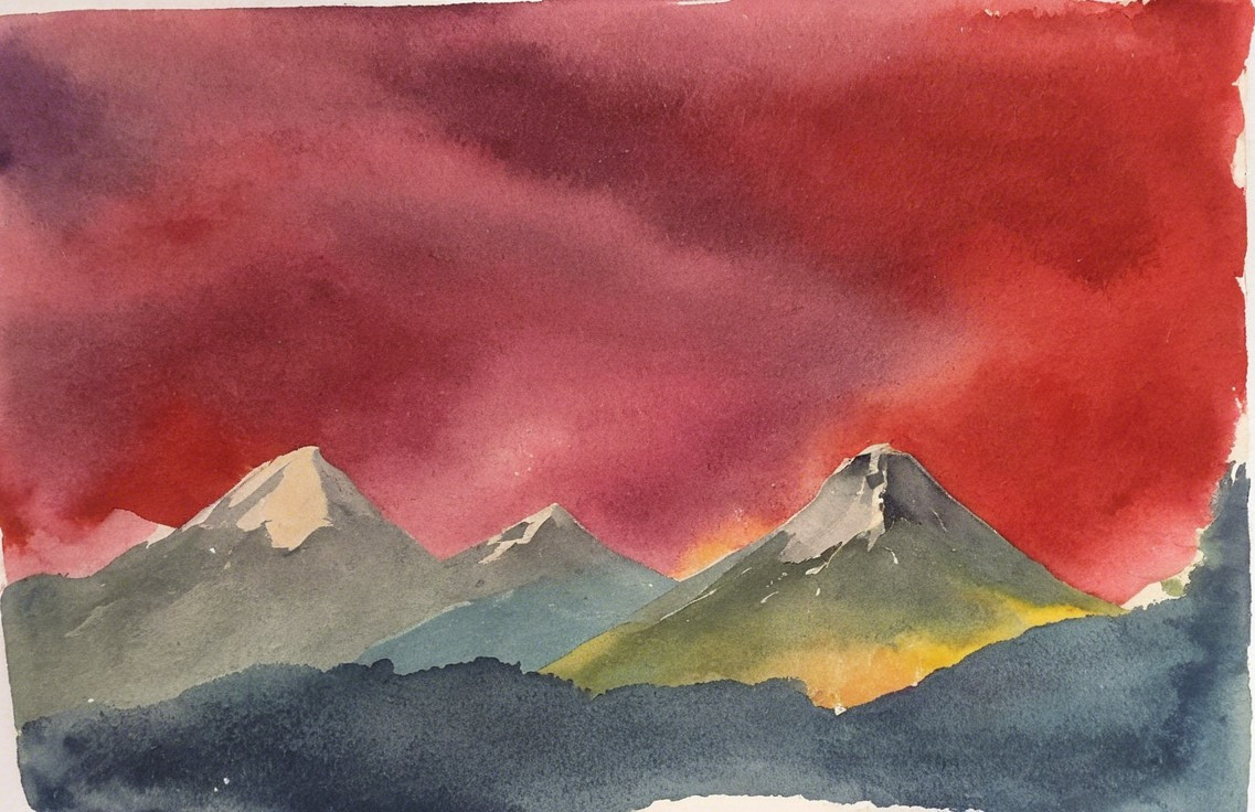 Watercolor Painting of Mountains and Dramatic Sky