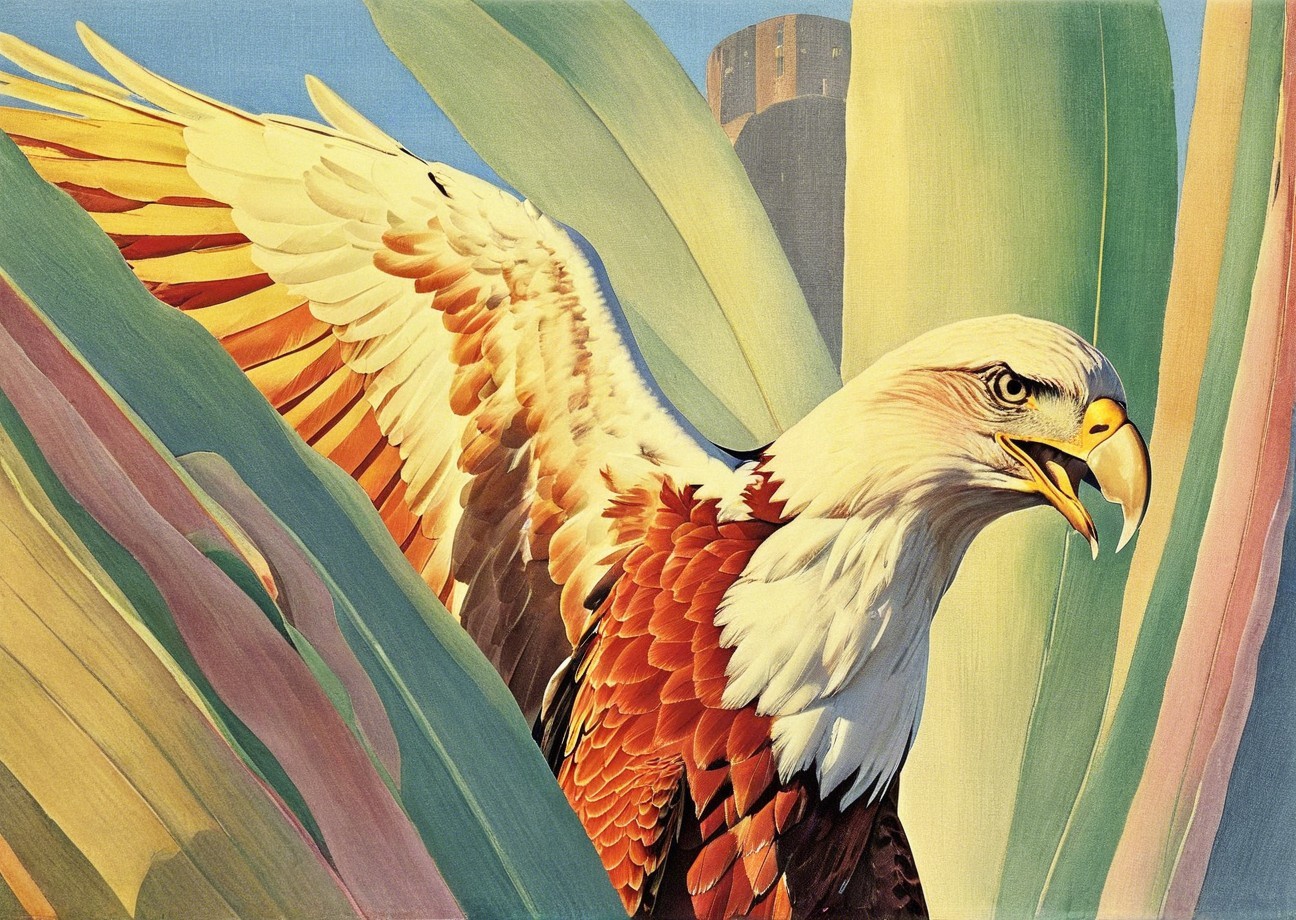Eagle in Flight with Vibrant Plumage and Green Leaves