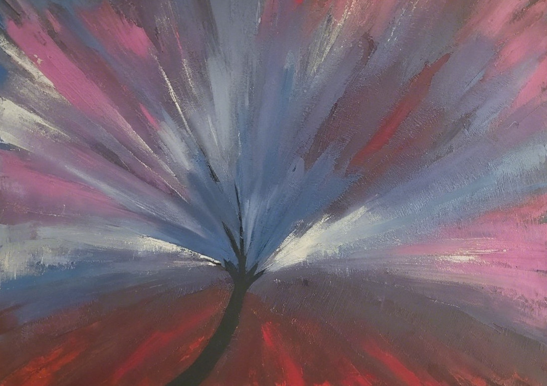Vibrant Abstract Painting with Tree Silhouette and Colorful Background