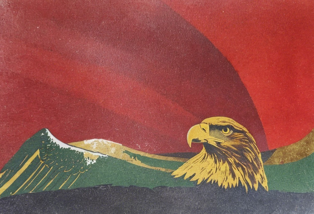 Golden Eagle Against Dark Mountains and Red Sky