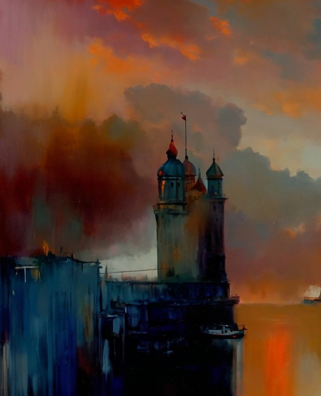Dramatic Sunset Over Serene Waterfront with Towers