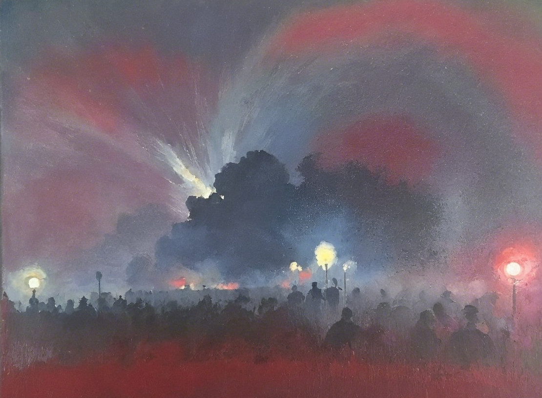 Dramatic Night Scene with Silhouettes and Hazy Lights
