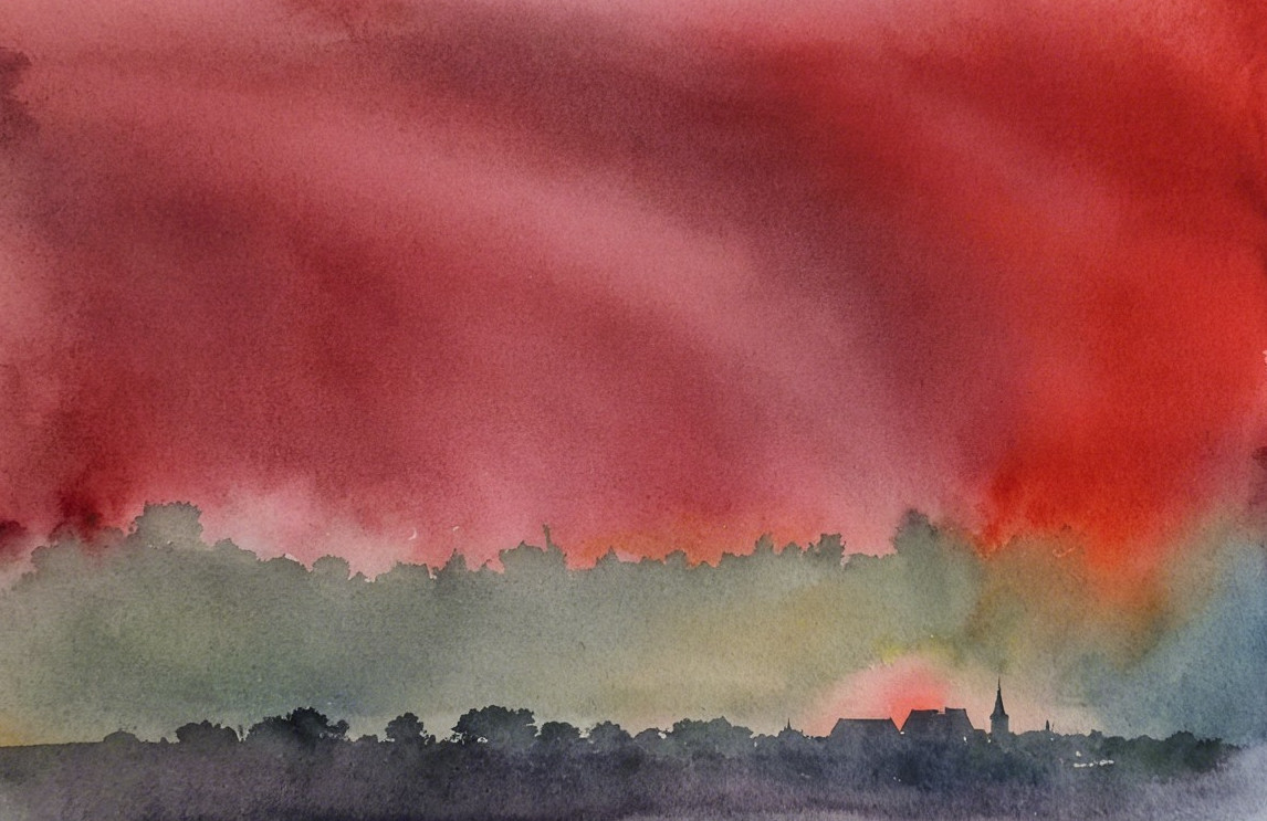 Watercolor Painting of Dramatic Skyline at Sunset