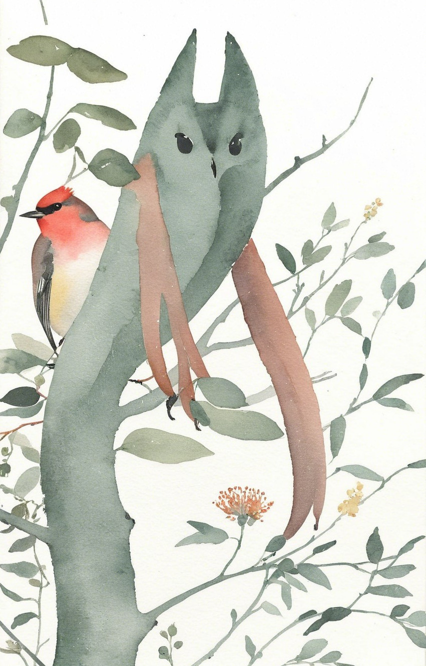 Watercolor Owl and Bird in Nature-Inspired Scene