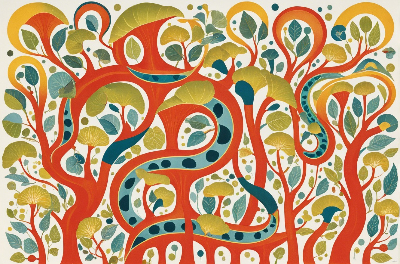 Vibrant Abstract Illustration of Intertwining Trees