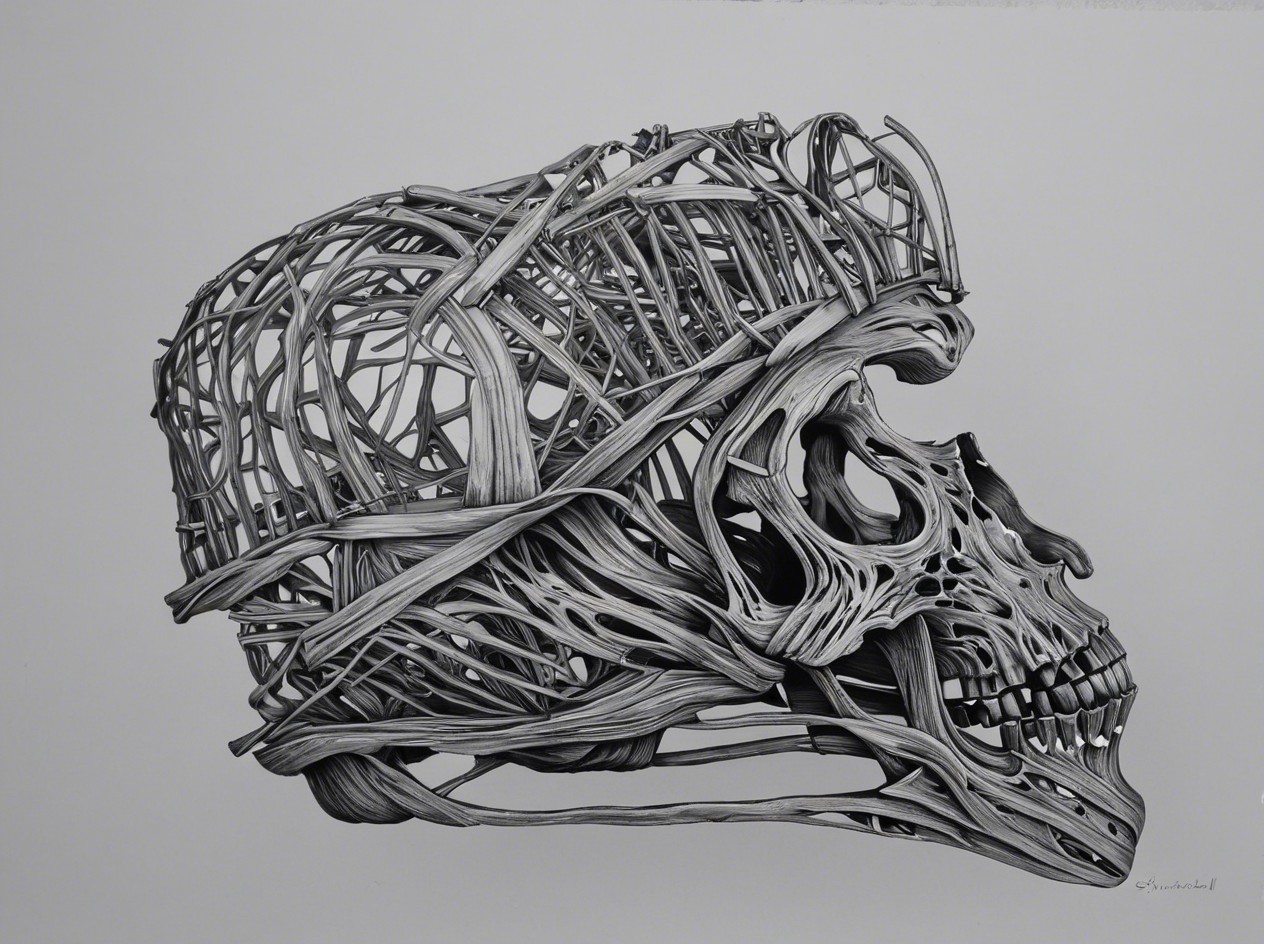 Intricate Pen and Ink Drawing of a Deconstructed Skull