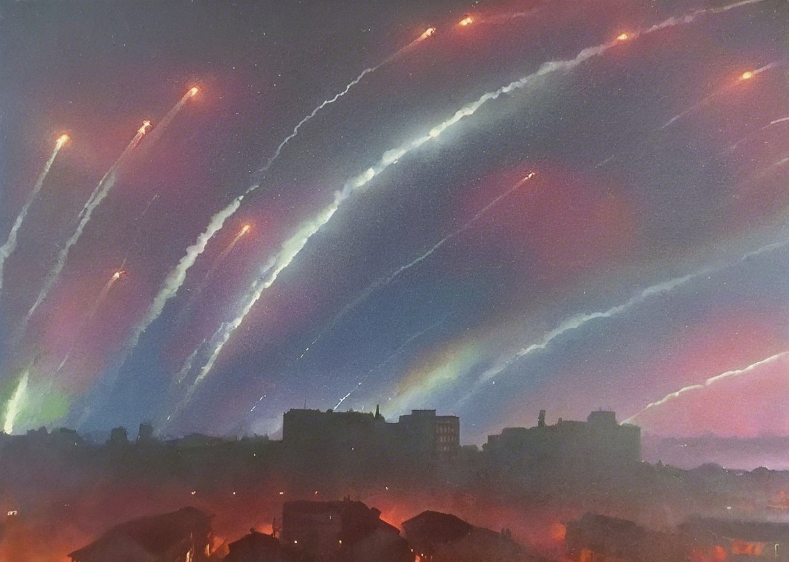 Dramatic Night Sky with Vibrant Streaks and Urban Silhouettes