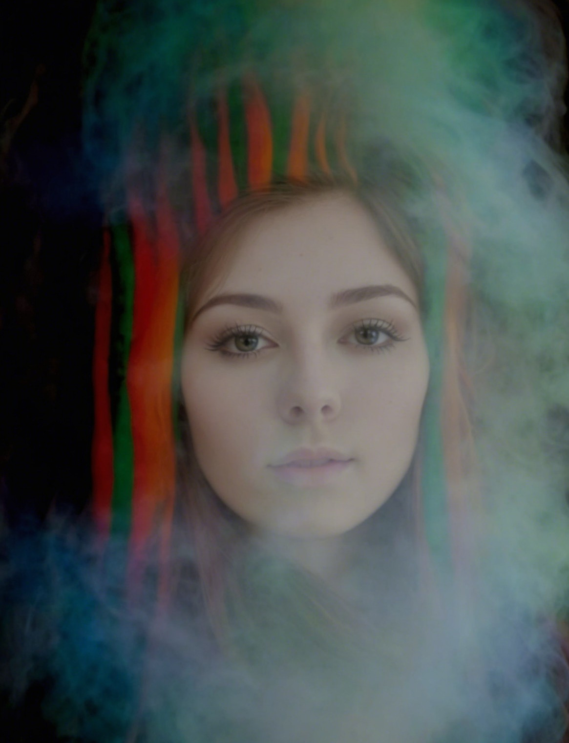Young woman with colorful hair and ethereal smoke