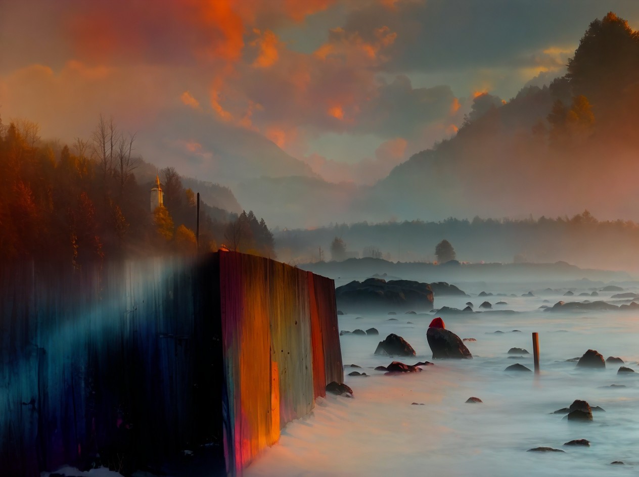 Serene Landscape with Misty Waters and Colorful Wall