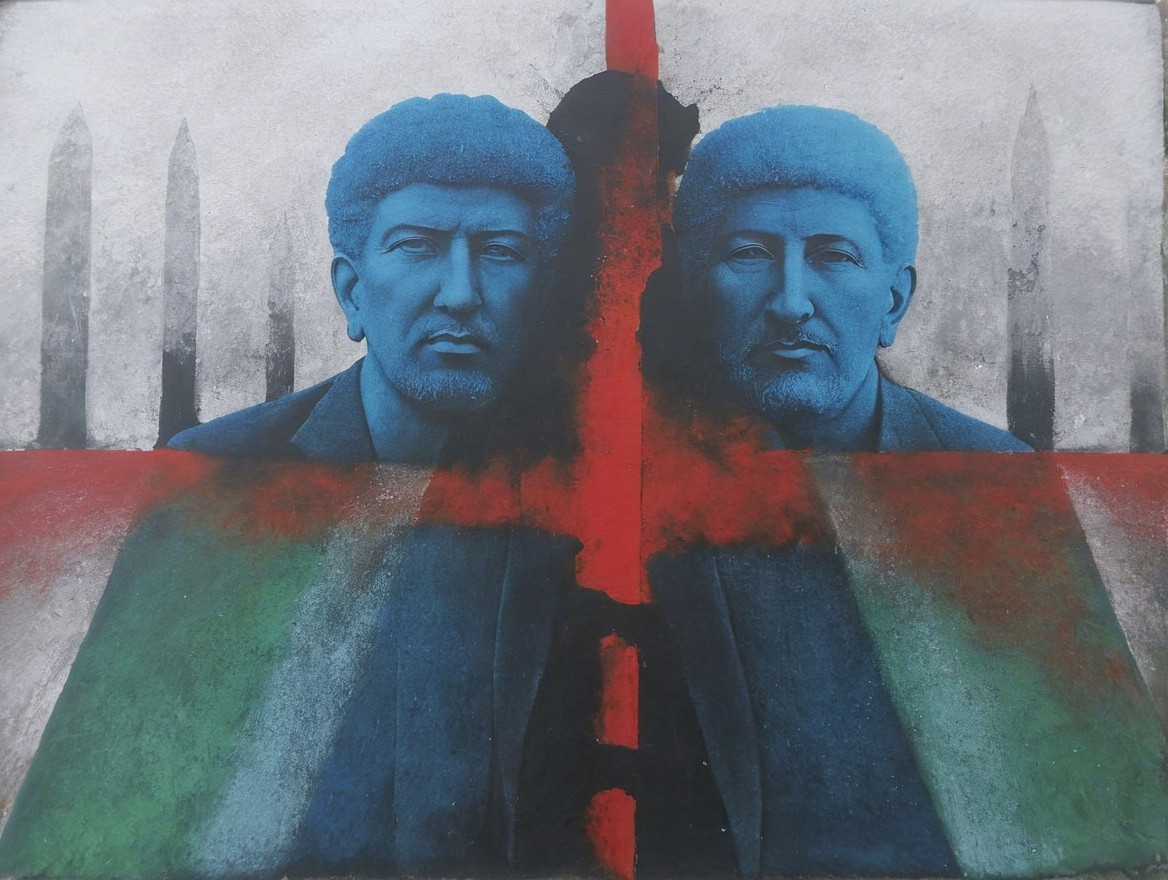 Stylized Blue Heads with Bold Red and Gray Background