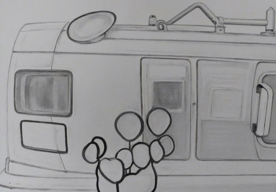 Train Car Drawing with Abstract Figures in Monochrome