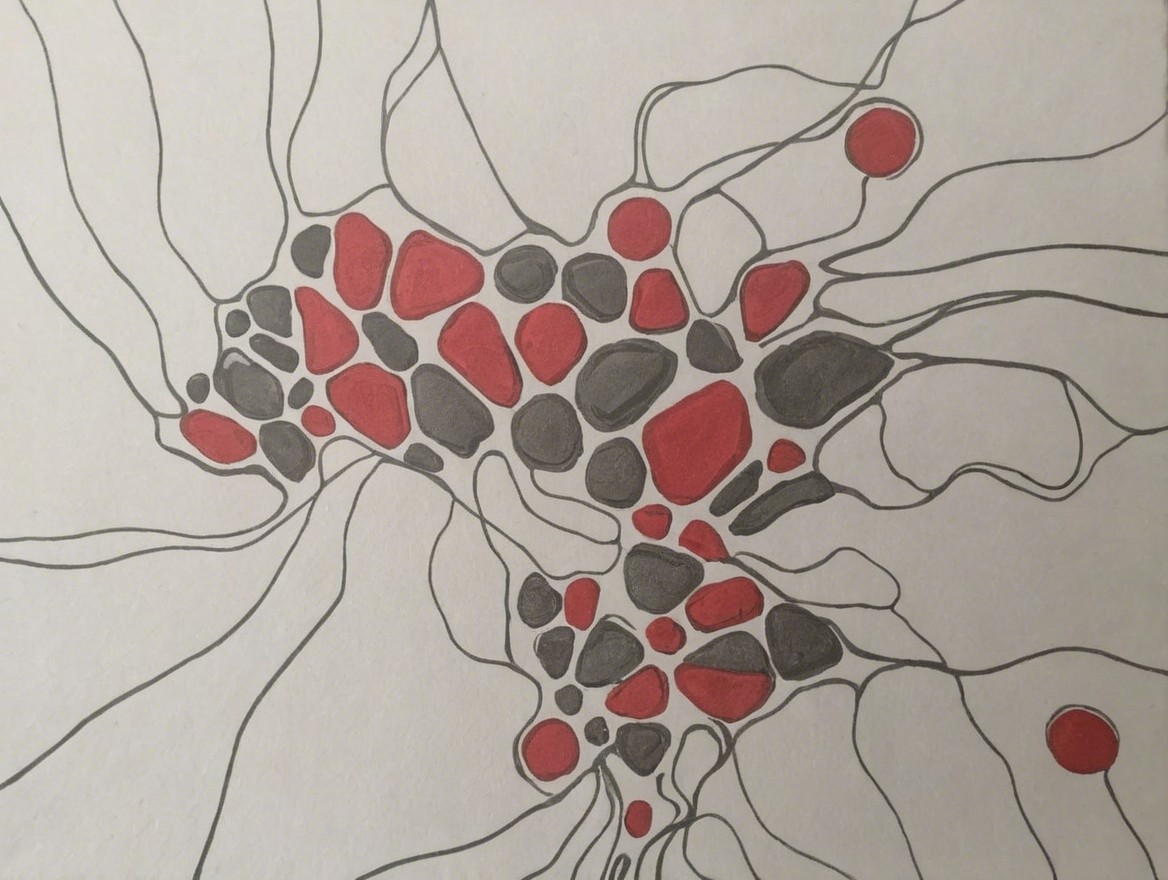 Abstract Design with Black and Red Shapes and Lines