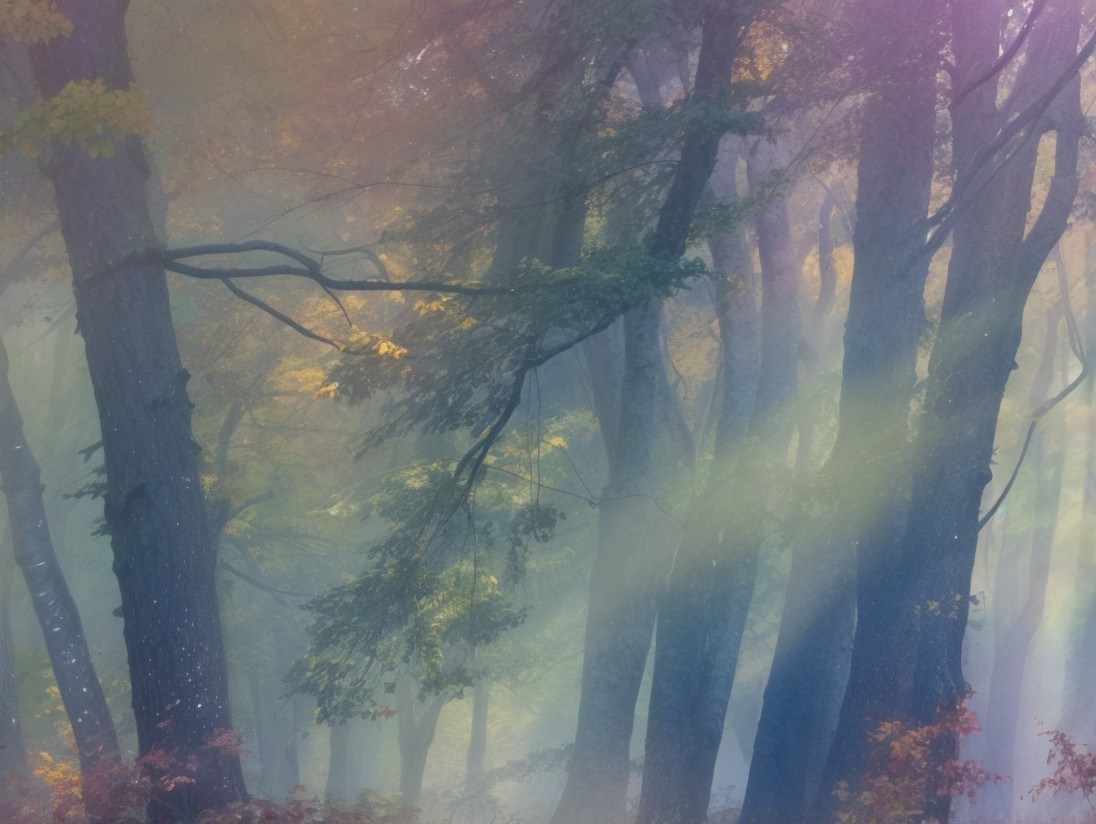 Serene forest scene with mist and autumn foliage