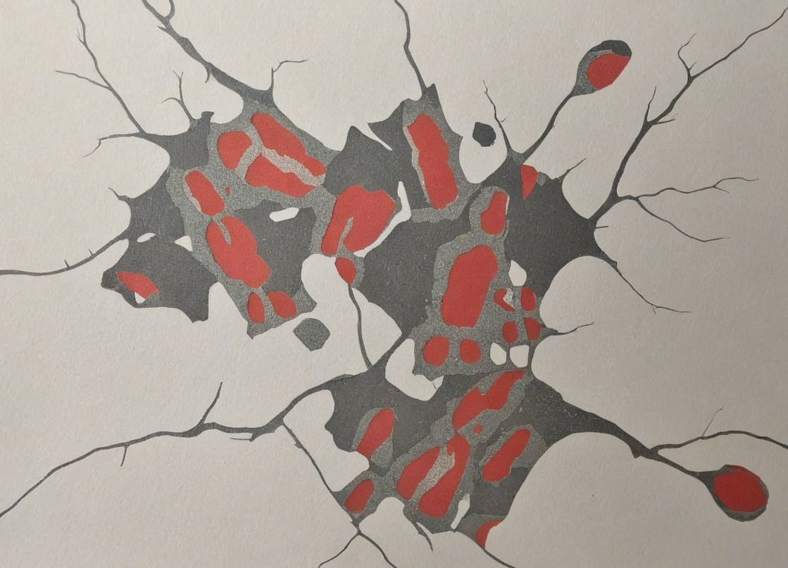 Abstract Artwork of Black Lines and Red Shapes