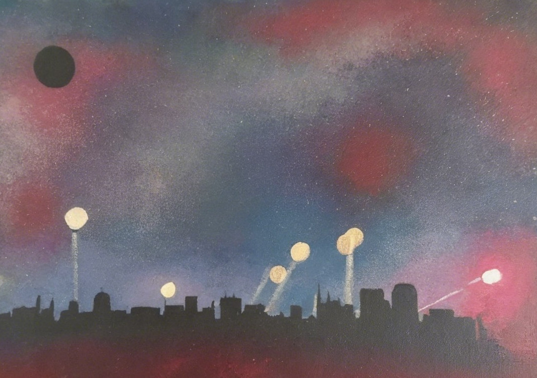 Abstract Urban Landscape with Night Sky and Moon