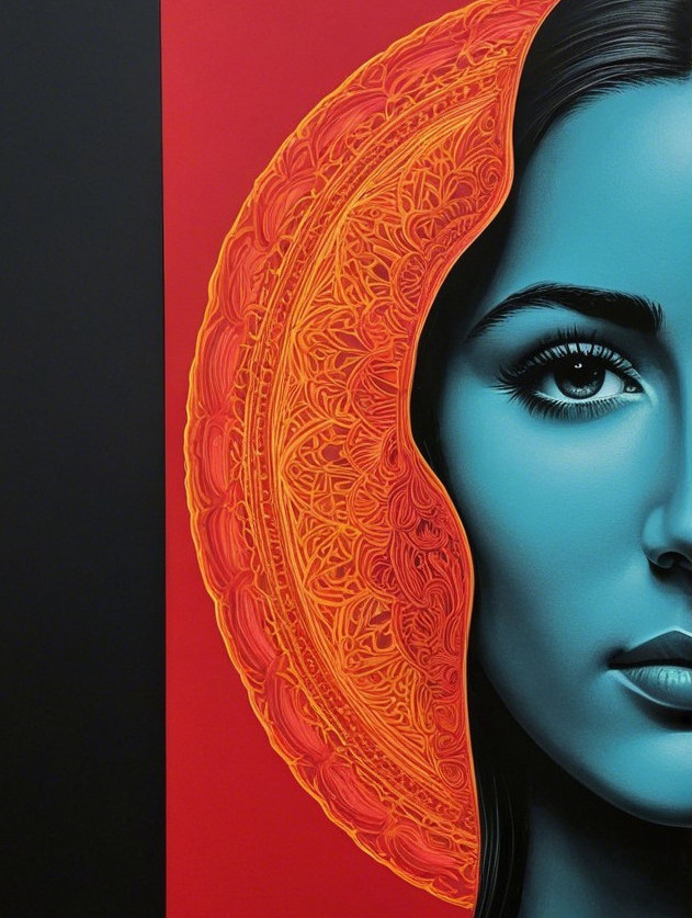 Portrait of a Woman with Blue Face and Orange Patterns