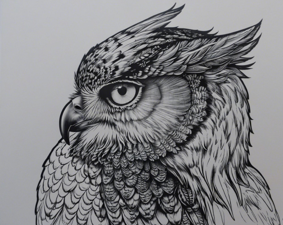 Intricate Black-and-White Illustration of an Owl