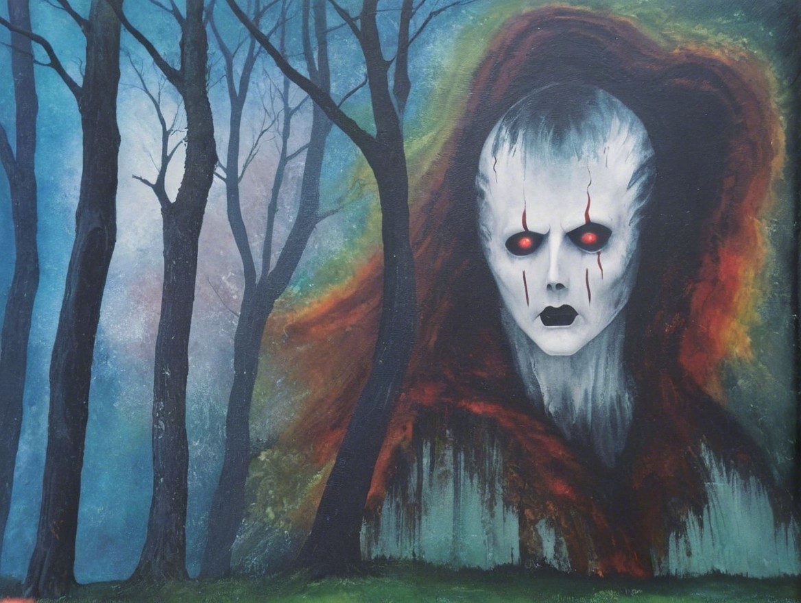 Haunting Figure in Dark Misty Forest with Red Eyes