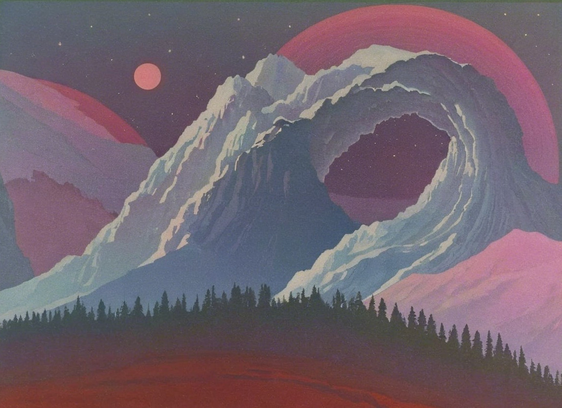 Surreal Landscape with Mountains and Celestial Bodies