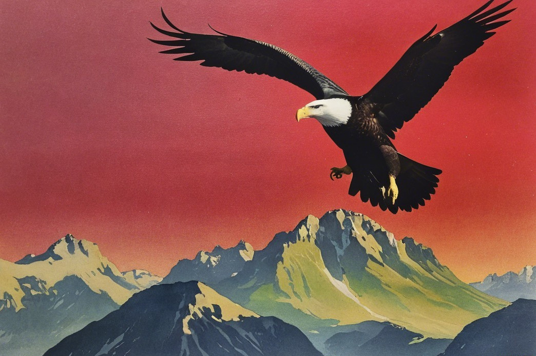 Bald Eagle Soaring Over Sunset Mountainscape