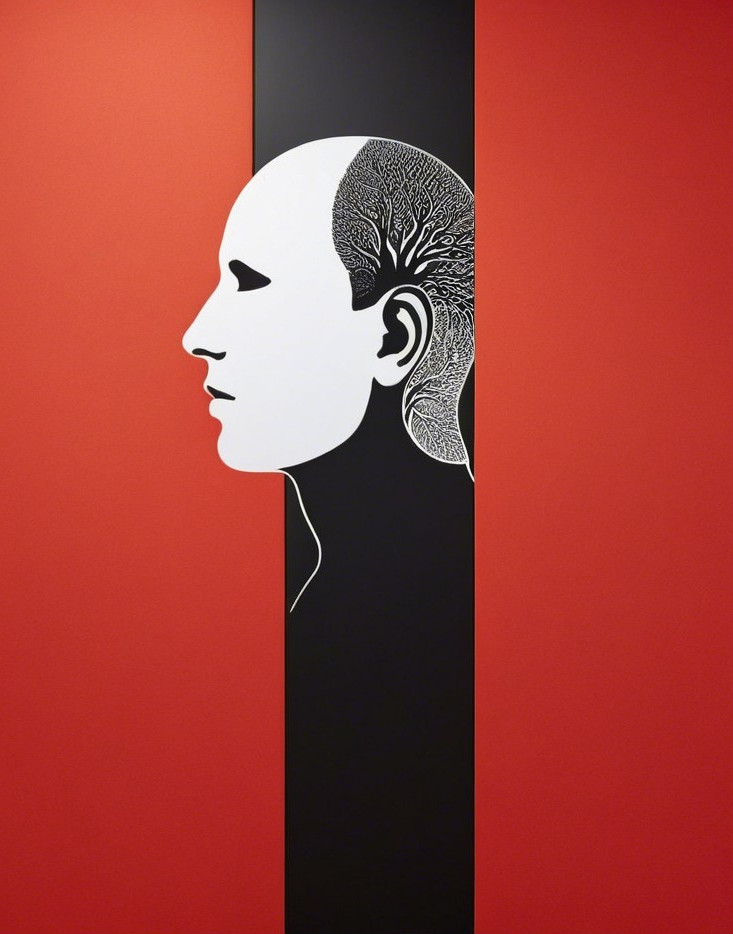 Silhouette of Human Profile with Tree Design on Red
