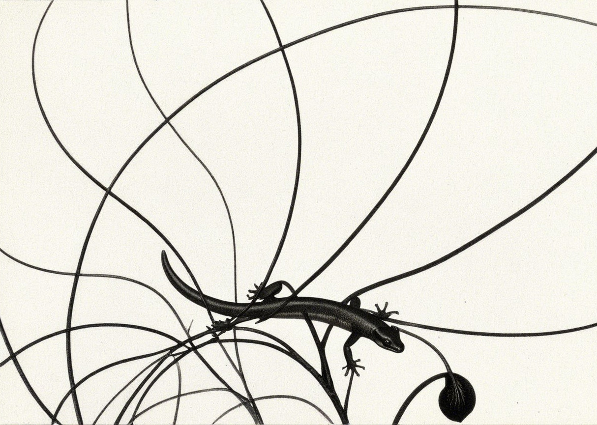 Stylized Black and White Lizard Illustration with Lines