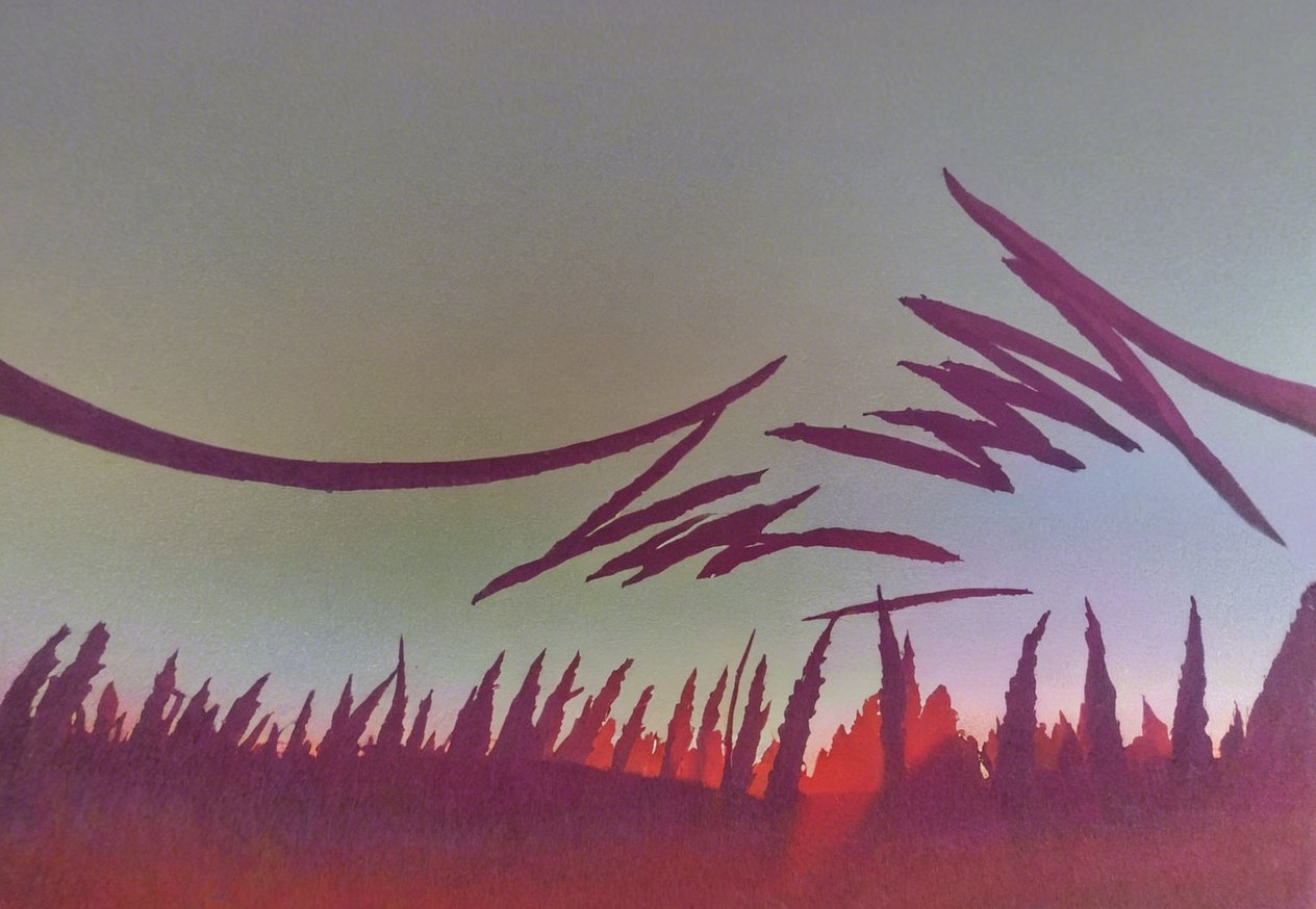 Stylized Dusk Landscape with Silhouetted Trees