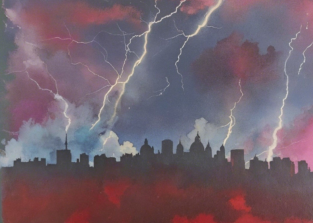 Dramatic City Skyline with Stormy Sky and Lightning