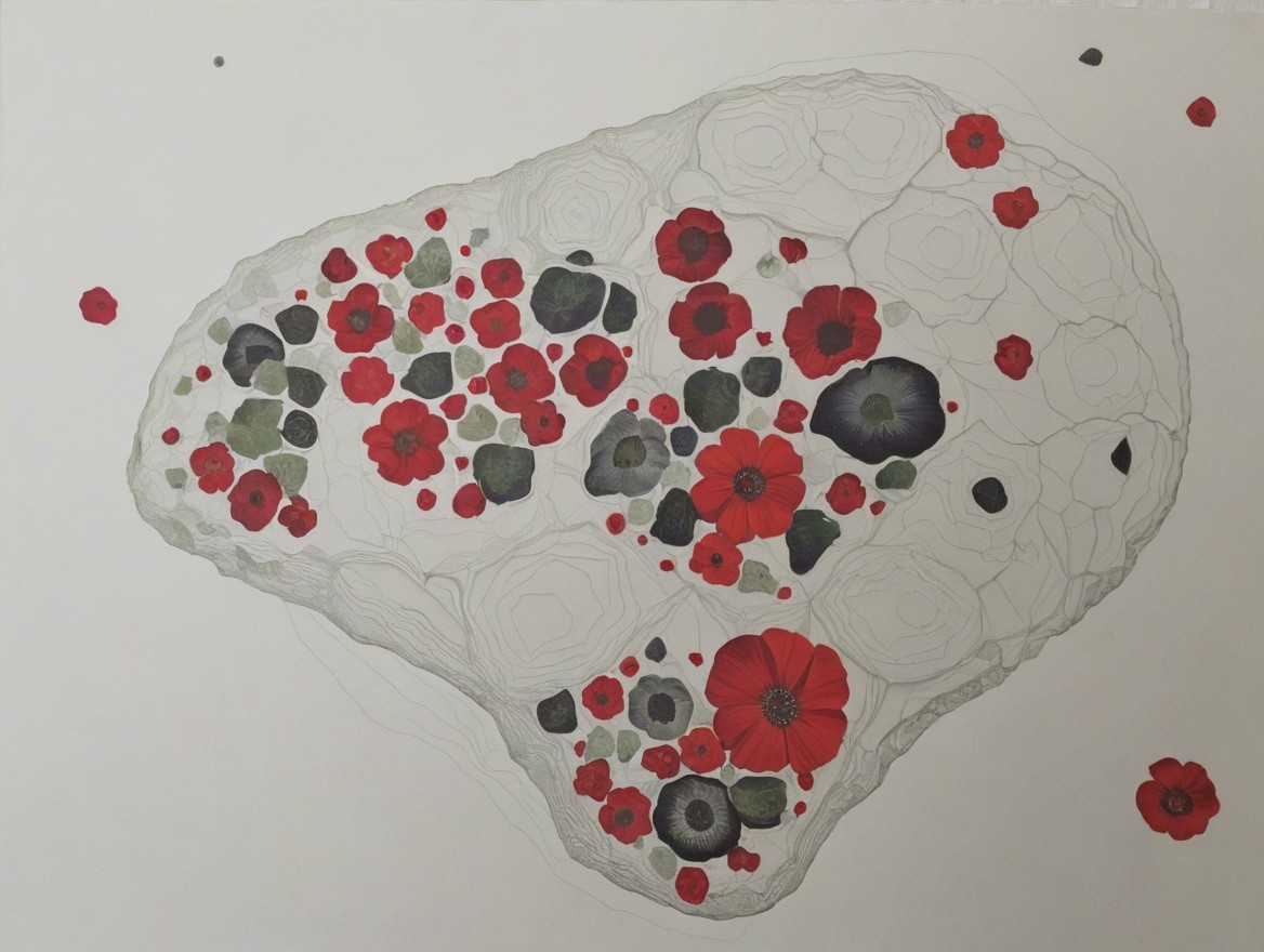 Stylized rock shape with red and black floral patterns