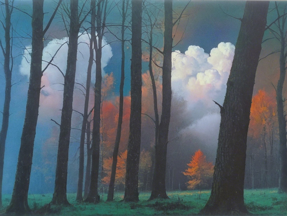Tranquil Forest Scene at Dusk with Vibrant Sky