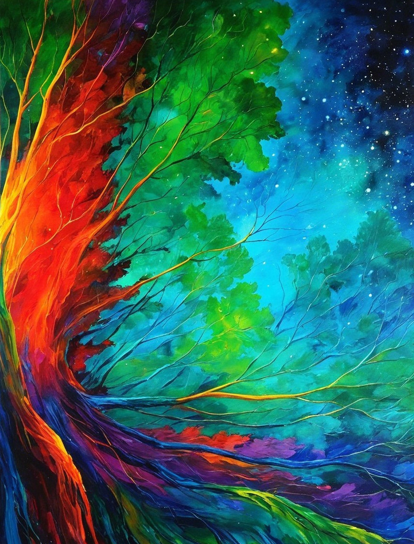 Vibrant Abstract Painting of a Colorful Tree Scene